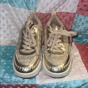 Womens Gold Metallic Lace-Up Sneakers